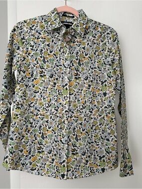 Lands’ End Women’s 2 Green 100% Supima Cotton Floral Button Down Shirt No Iron